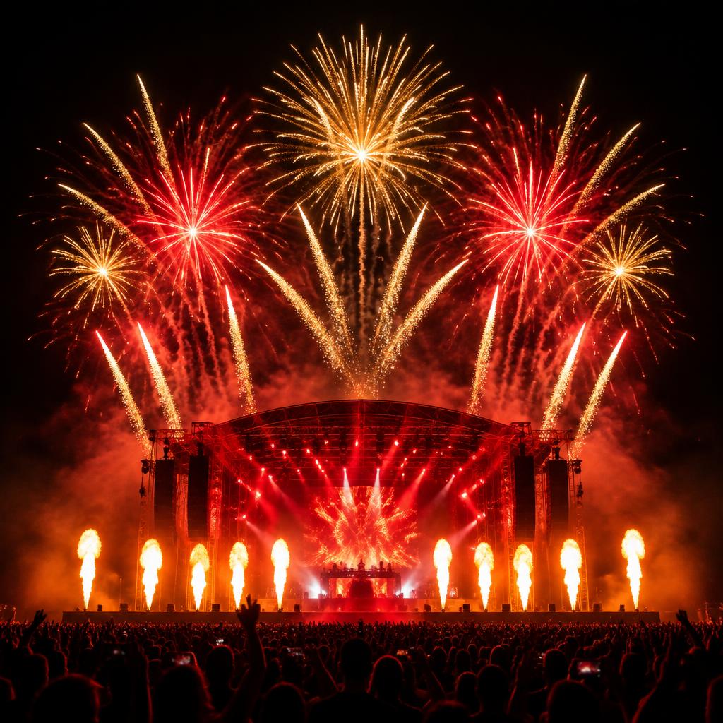 Show noturno com fogos e máquinas de fogo